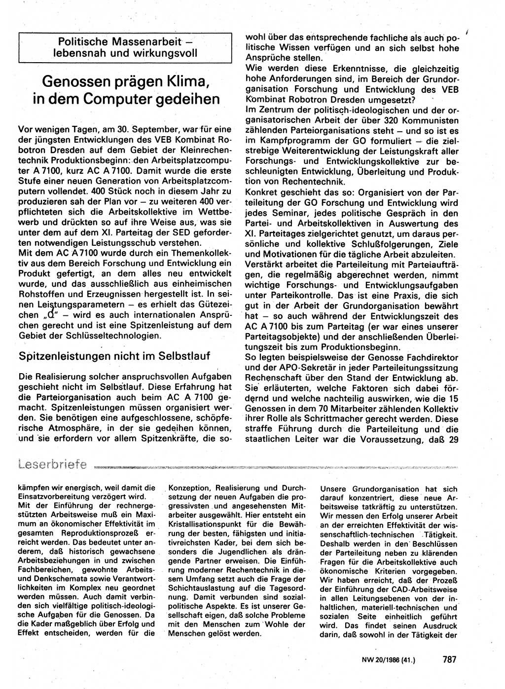 Neuer Weg (NW), Organ des Zentralkomitees (ZK) der SED (Sozialistische Einheitspartei Deutschlands) für Fragen des Parteilebens, 41. Jahrgang [Deutsche Demokratische Republik (DDR)] 1986, Seite 787 (NW ZK SED DDR 1986, S. 787)