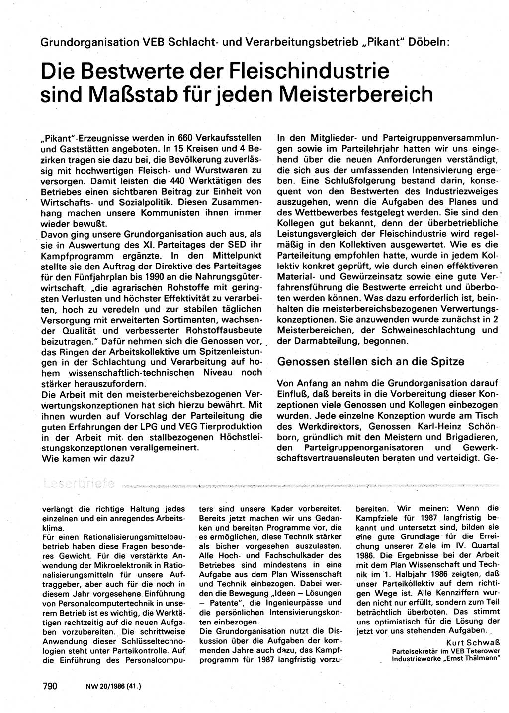 Neuer Weg (NW), Organ des Zentralkomitees (ZK) der SED (Sozialistische Einheitspartei Deutschlands) für Fragen des Parteilebens, 41. Jahrgang [Deutsche Demokratische Republik (DDR)] 1986, Seite 790 (NW ZK SED DDR 1986, S. 790)