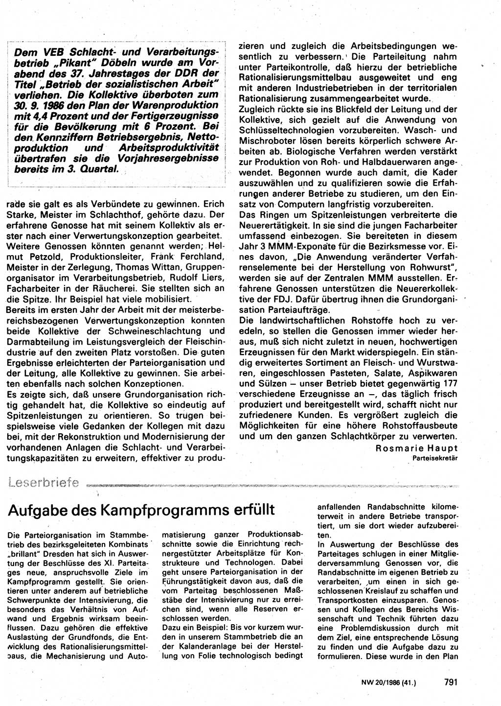 Neuer Weg (NW), Organ des Zentralkomitees (ZK) der SED (Sozialistische Einheitspartei Deutschlands) für Fragen des Parteilebens, 41. Jahrgang [Deutsche Demokratische Republik (DDR)] 1986, Seite 791 (NW ZK SED DDR 1986, S. 791)