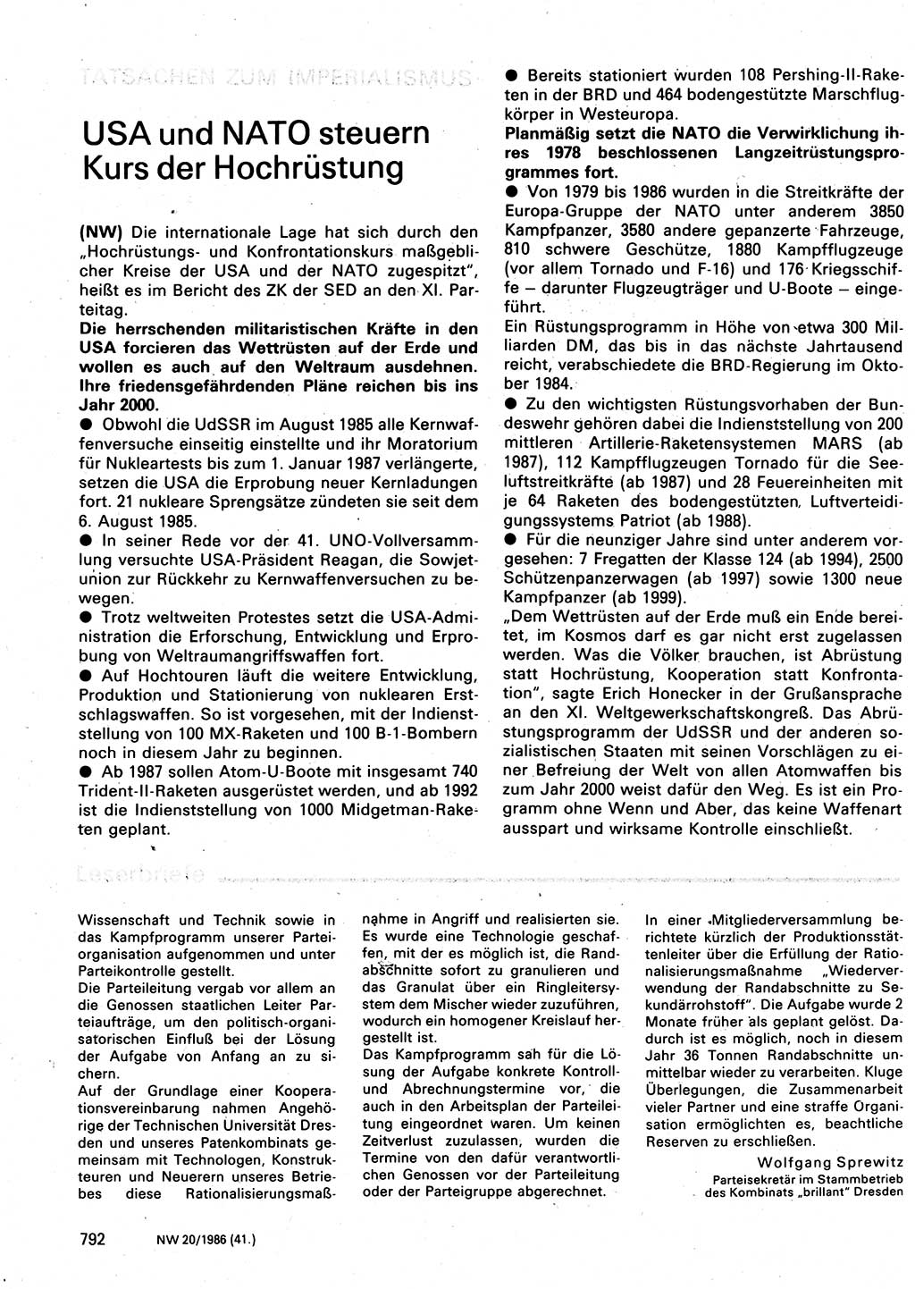 Neuer Weg (NW), Organ des Zentralkomitees (ZK) der SED (Sozialistische Einheitspartei Deutschlands) für Fragen des Parteilebens, 41. Jahrgang [Deutsche Demokratische Republik (DDR)] 1986, Seite 792 (NW ZK SED DDR 1986, S. 792)