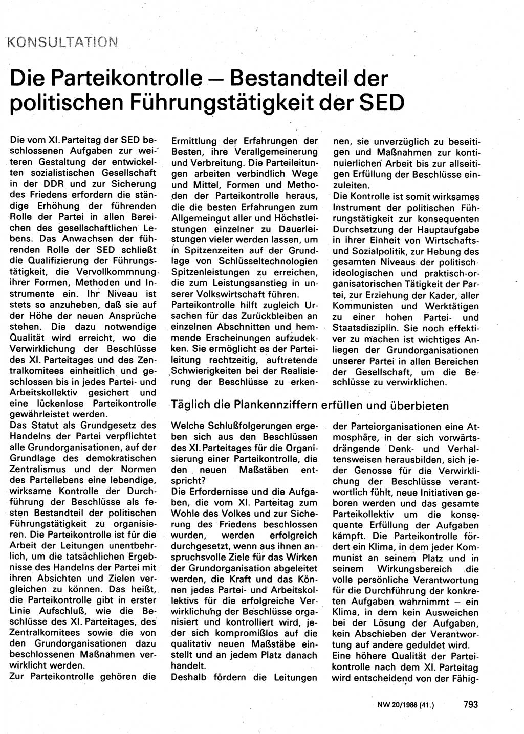 Neuer Weg (NW), Organ des Zentralkomitees (ZK) der SED (Sozialistische Einheitspartei Deutschlands) für Fragen des Parteilebens, 41. Jahrgang [Deutsche Demokratische Republik (DDR)] 1986, Seite 793 (NW ZK SED DDR 1986, S. 793)