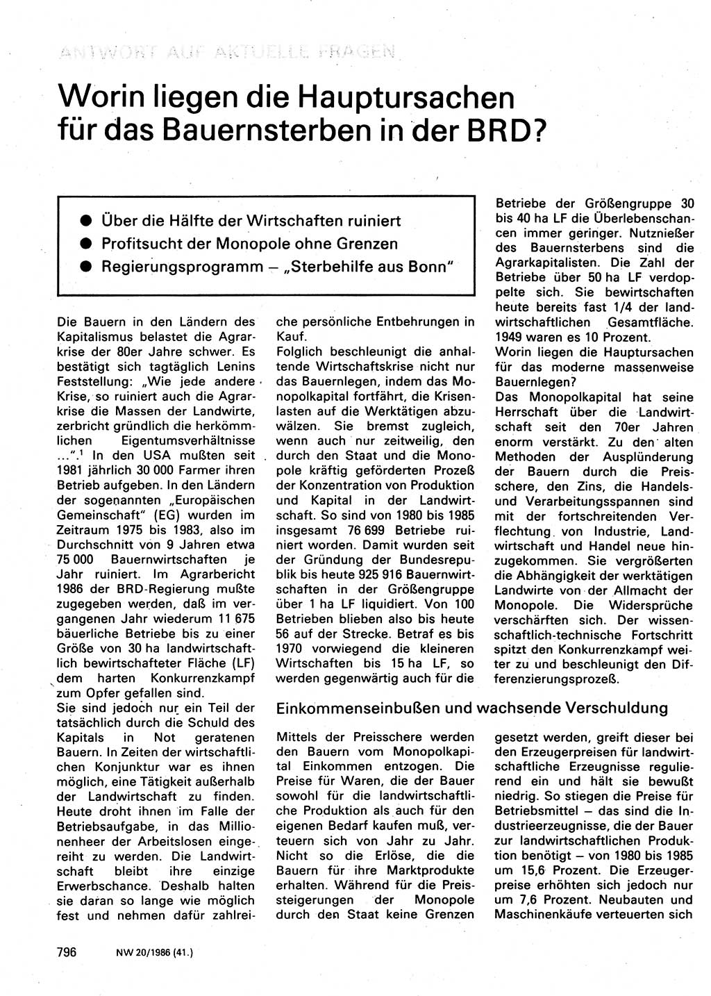 Neuer Weg (NW), Organ des Zentralkomitees (ZK) der SED (Sozialistische Einheitspartei Deutschlands) für Fragen des Parteilebens, 41. Jahrgang [Deutsche Demokratische Republik (DDR)] 1986, Seite 796 (NW ZK SED DDR 1986, S. 796)