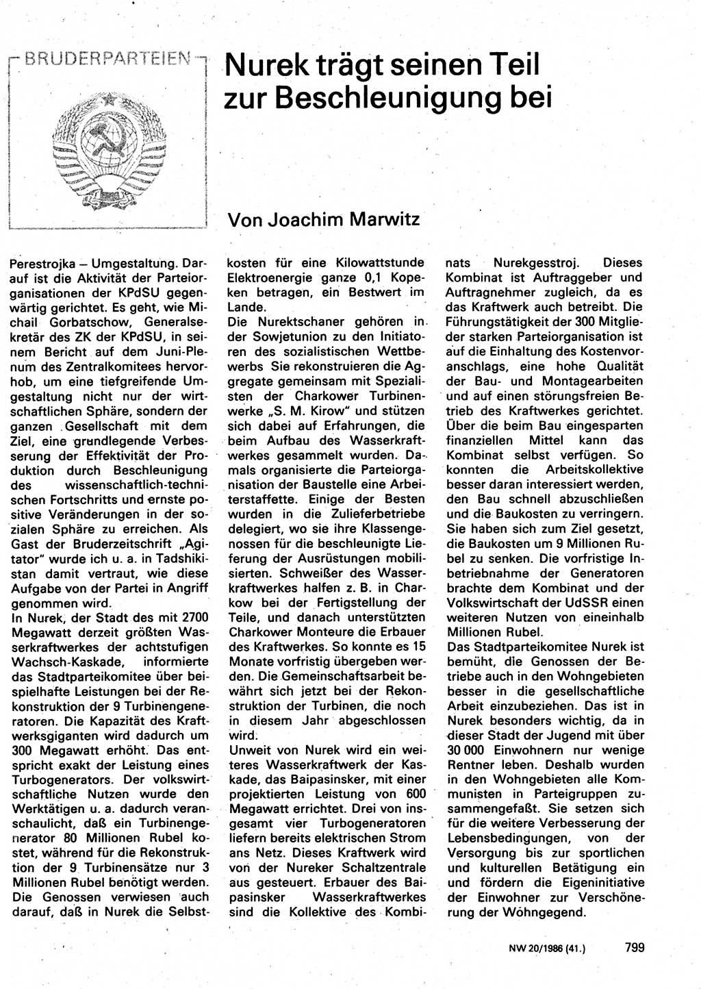 Neuer Weg (NW), Organ des Zentralkomitees (ZK) der SED (Sozialistische Einheitspartei Deutschlands) für Fragen des Parteilebens, 41. Jahrgang [Deutsche Demokratische Republik (DDR)] 1986, Seite 799 (NW ZK SED DDR 1986, S. 799)