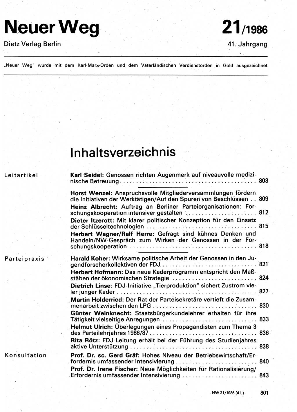 Neuer Weg (NW), Organ des Zentralkomitees (ZK) der SED (Sozialistische Einheitspartei Deutschlands) für Fragen des Parteilebens, 41. Jahrgang [Deutsche Demokratische Republik (DDR)] 1986, Seite 801 (NW ZK SED DDR 1986, S. 801)