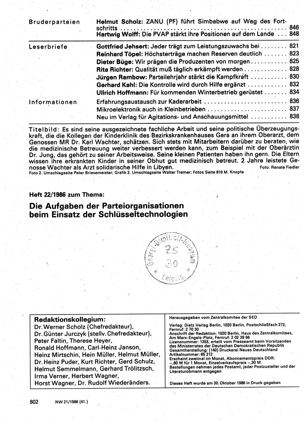Neuer Weg (NW), Organ des Zentralkomitees (ZK) der SED (Sozialistische Einheitspartei Deutschlands) für Fragen des Parteilebens, 41. Jahrgang [Deutsche Demokratische Republik (DDR)] 1986, Seite 802 (NW ZK SED DDR 1986, S. 802)