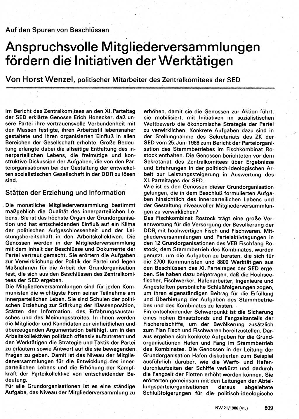 Neuer Weg (NW), Organ des Zentralkomitees (ZK) der SED (Sozialistische Einheitspartei Deutschlands) für Fragen des Parteilebens, 41. Jahrgang [Deutsche Demokratische Republik (DDR)] 1986, Seite 809 (NW ZK SED DDR 1986, S. 809)