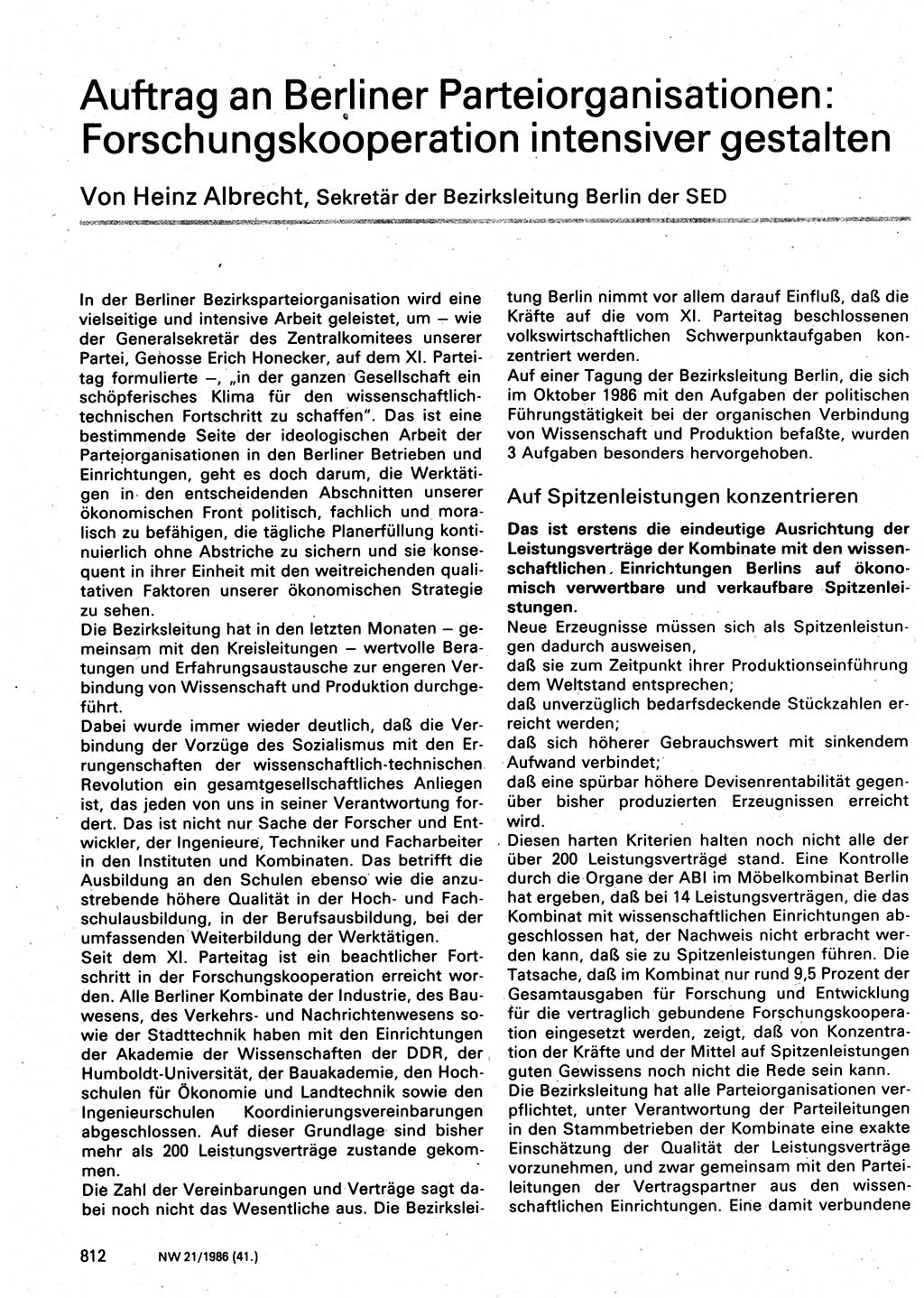Neuer Weg (NW), Organ des Zentralkomitees (ZK) der SED (Sozialistische Einheitspartei Deutschlands) für Fragen des Parteilebens, 41. Jahrgang [Deutsche Demokratische Republik (DDR)] 1986, Seite 812 (NW ZK SED DDR 1986, S. 812)