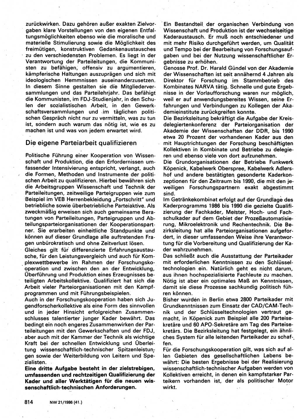 Neuer Weg (NW), Organ des Zentralkomitees (ZK) der SED (Sozialistische Einheitspartei Deutschlands) für Fragen des Parteilebens, 41. Jahrgang [Deutsche Demokratische Republik (DDR)] 1986, Seite 814 (NW ZK SED DDR 1986, S. 814)