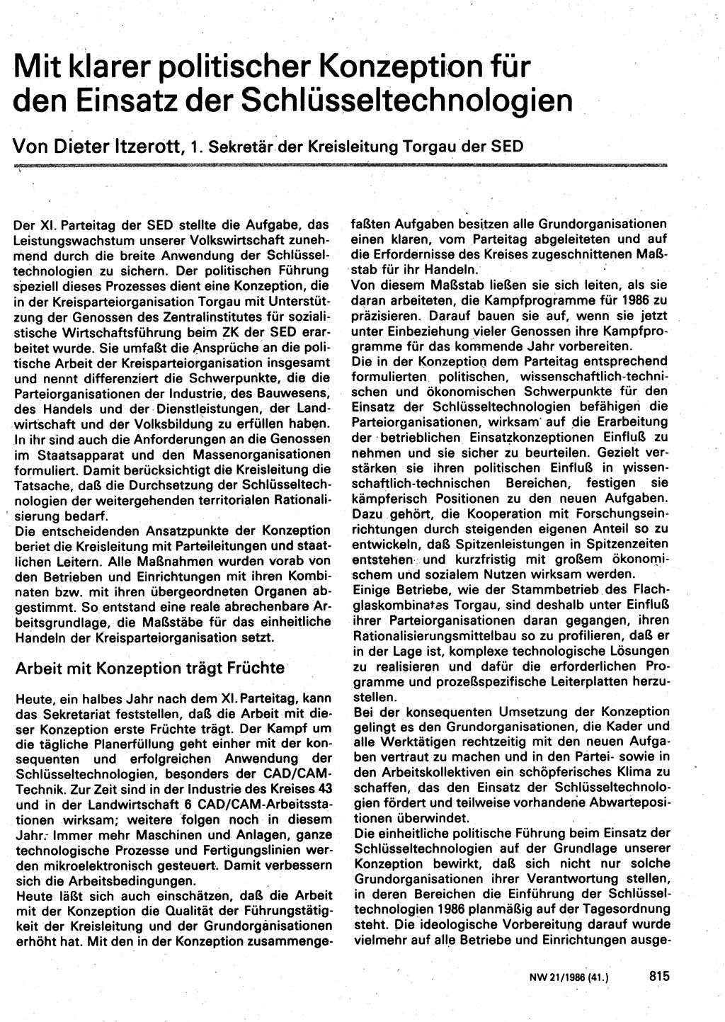 Neuer Weg (NW), Organ des Zentralkomitees (ZK) der SED (Sozialistische Einheitspartei Deutschlands) für Fragen des Parteilebens, 41. Jahrgang [Deutsche Demokratische Republik (DDR)] 1986, Seite 815 (NW ZK SED DDR 1986, S. 815)