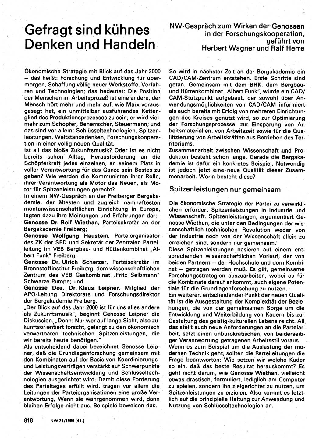 Neuer Weg (NW), Organ des Zentralkomitees (ZK) der SED (Sozialistische Einheitspartei Deutschlands) für Fragen des Parteilebens, 41. Jahrgang [Deutsche Demokratische Republik (DDR)] 1986, Seite 818 (NW ZK SED DDR 1986, S. 818)