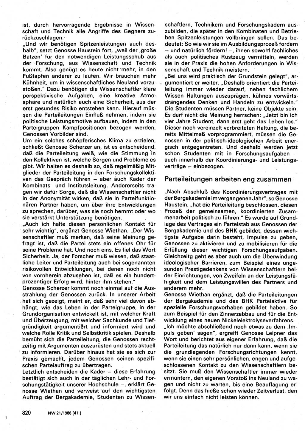 Neuer Weg (NW), Organ des Zentralkomitees (ZK) der SED (Sozialistische Einheitspartei Deutschlands) für Fragen des Parteilebens, 41. Jahrgang [Deutsche Demokratische Republik (DDR)] 1986, Seite 820 (NW ZK SED DDR 1986, S. 820)
