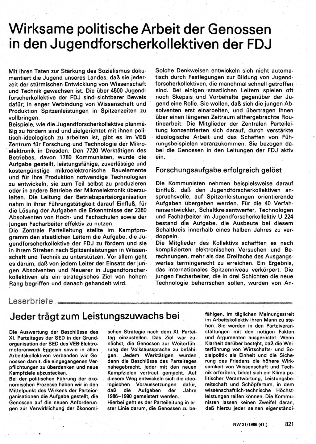 Neuer Weg (NW), Organ des Zentralkomitees (ZK) der SED (Sozialistische Einheitspartei Deutschlands) für Fragen des Parteilebens, 41. Jahrgang [Deutsche Demokratische Republik (DDR)] 1986, Seite 821 (NW ZK SED DDR 1986, S. 821)