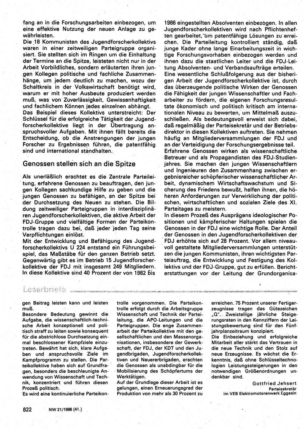 Neuer Weg (NW), Organ des Zentralkomitees (ZK) der SED (Sozialistische Einheitspartei Deutschlands) für Fragen des Parteilebens, 41. Jahrgang [Deutsche Demokratische Republik (DDR)] 1986, Seite 822 (NW ZK SED DDR 1986, S. 822)