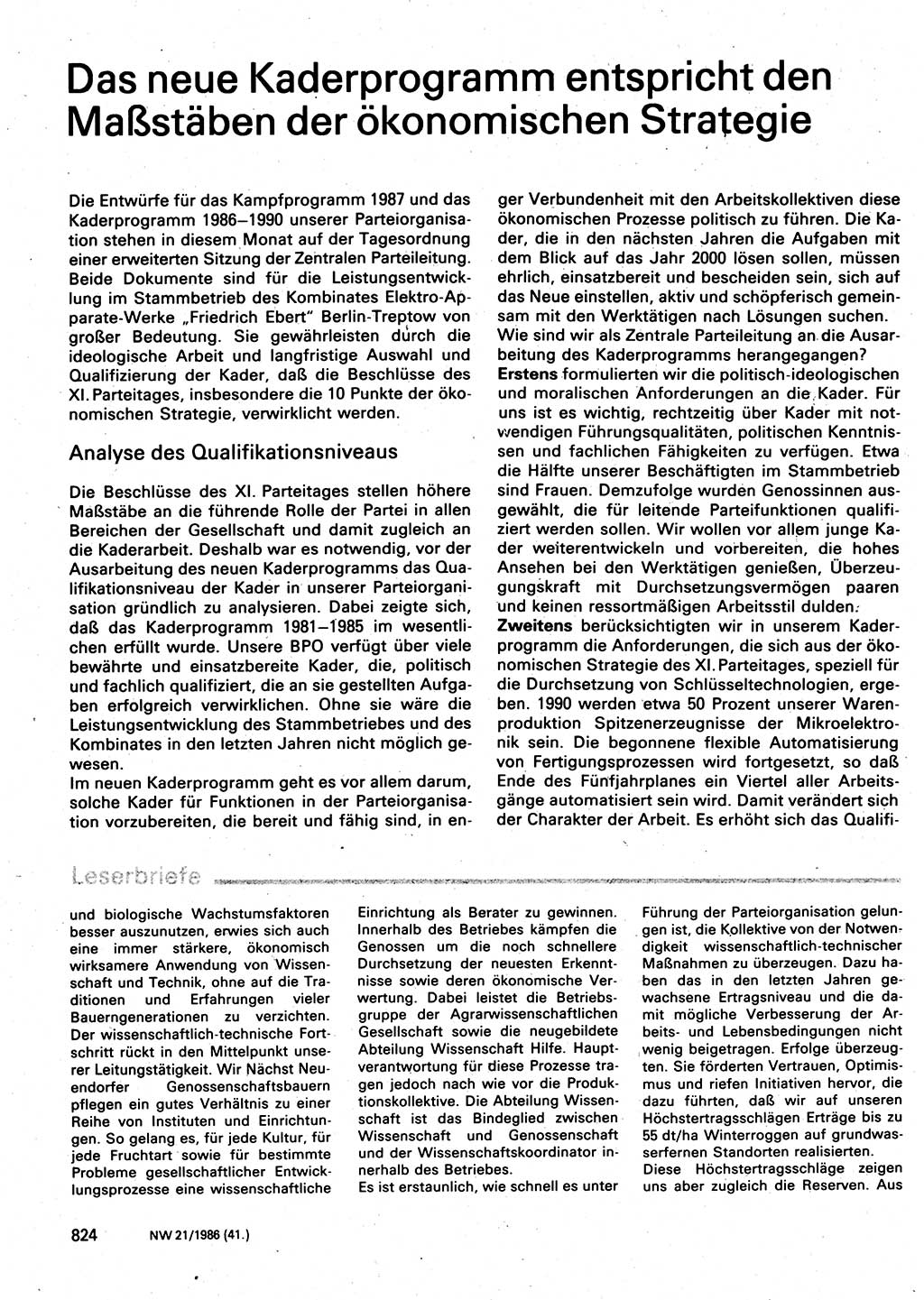 Neuer Weg (NW), Organ des Zentralkomitees (ZK) der SED (Sozialistische Einheitspartei Deutschlands) für Fragen des Parteilebens, 41. Jahrgang [Deutsche Demokratische Republik (DDR)] 1986, Seite 824 (NW ZK SED DDR 1986, S. 824)