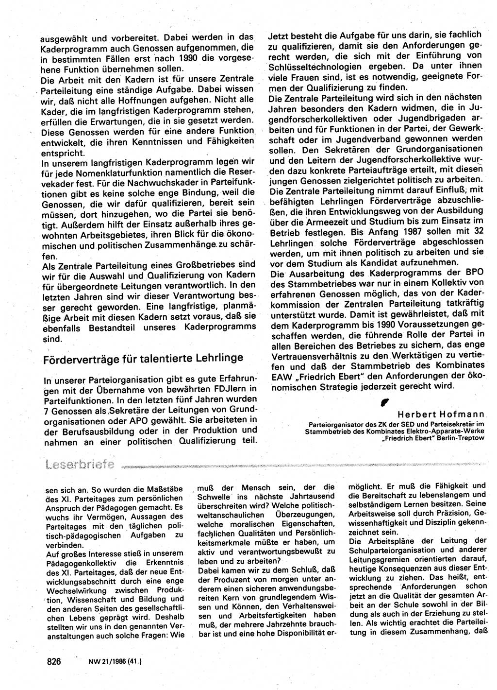 Neuer Weg (NW), Organ des Zentralkomitees (ZK) der SED (Sozialistische Einheitspartei Deutschlands) für Fragen des Parteilebens, 41. Jahrgang [Deutsche Demokratische Republik (DDR)] 1986, Seite 826 (NW ZK SED DDR 1986, S. 826)