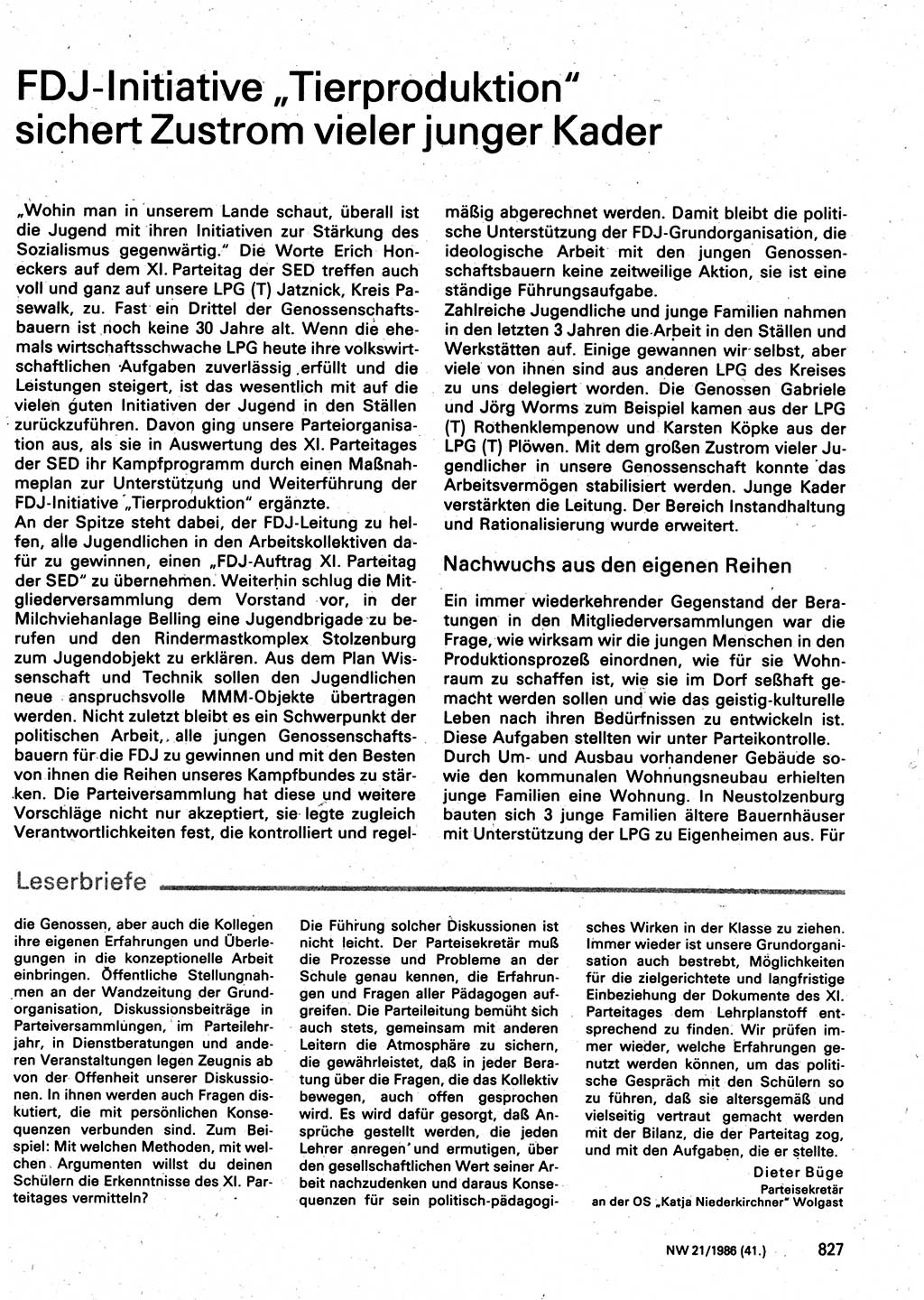 Neuer Weg (NW), Organ des Zentralkomitees (ZK) der SED (Sozialistische Einheitspartei Deutschlands) für Fragen des Parteilebens, 41. Jahrgang [Deutsche Demokratische Republik (DDR)] 1986, Seite 827 (NW ZK SED DDR 1986, S. 827)