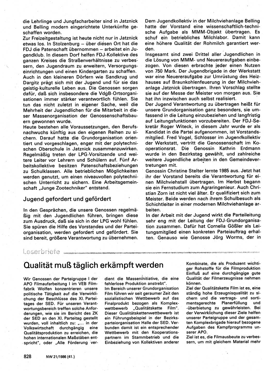 Neuer Weg (NW), Organ des Zentralkomitees (ZK) der SED (Sozialistische Einheitspartei Deutschlands) für Fragen des Parteilebens, 41. Jahrgang [Deutsche Demokratische Republik (DDR)] 1986, Seite 828 (NW ZK SED DDR 1986, S. 828)
