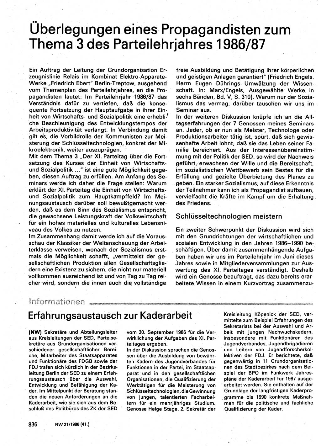 Neuer Weg (NW), Organ des Zentralkomitees (ZK) der SED (Sozialistische Einheitspartei Deutschlands) für Fragen des Parteilebens, 41. Jahrgang [Deutsche Demokratische Republik (DDR)] 1986, Seite 836 (NW ZK SED DDR 1986, S. 836)