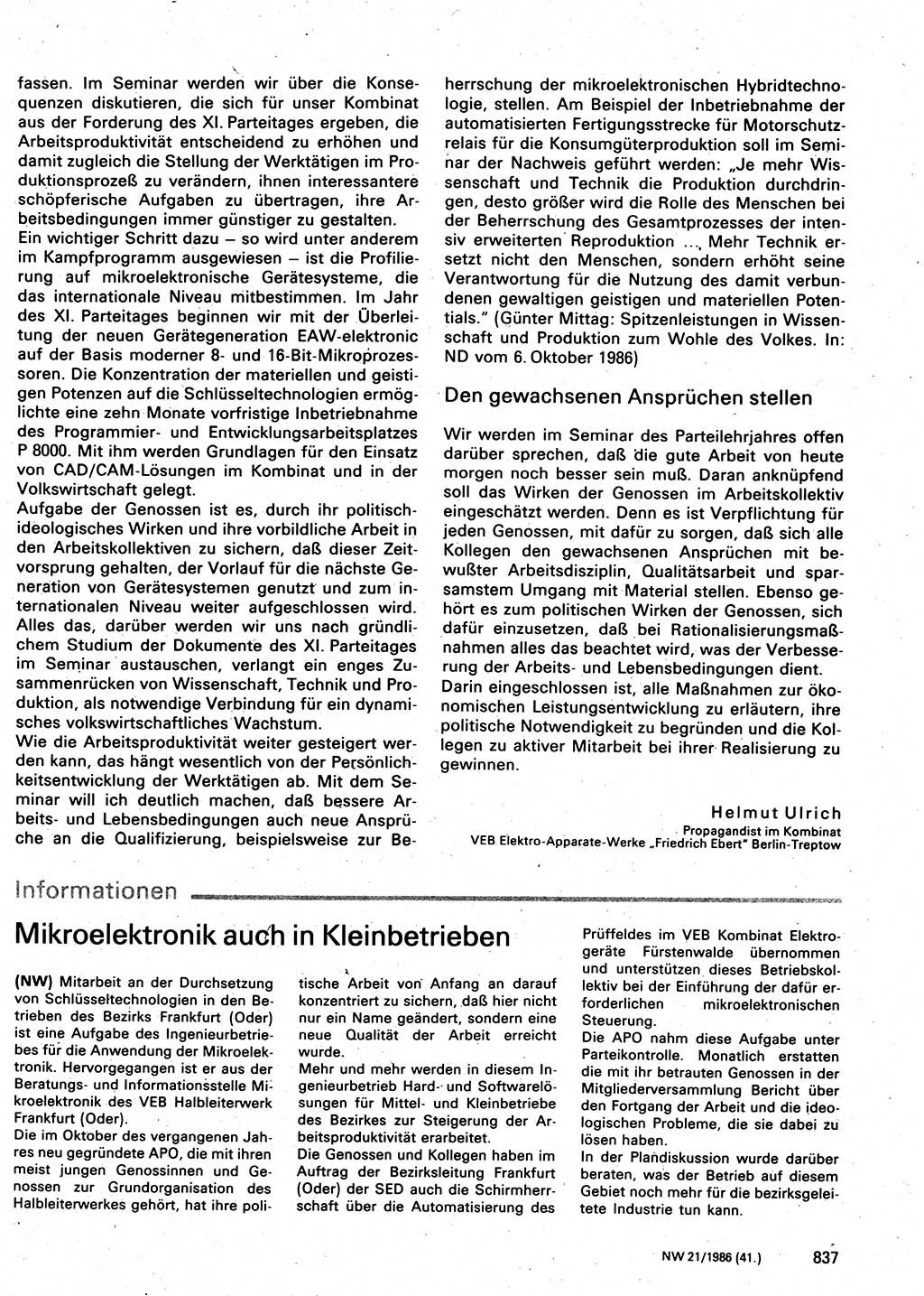 Neuer Weg (NW), Organ des Zentralkomitees (ZK) der SED (Sozialistische Einheitspartei Deutschlands) für Fragen des Parteilebens, 41. Jahrgang [Deutsche Demokratische Republik (DDR)] 1986, Seite 837 (NW ZK SED DDR 1986, S. 837)