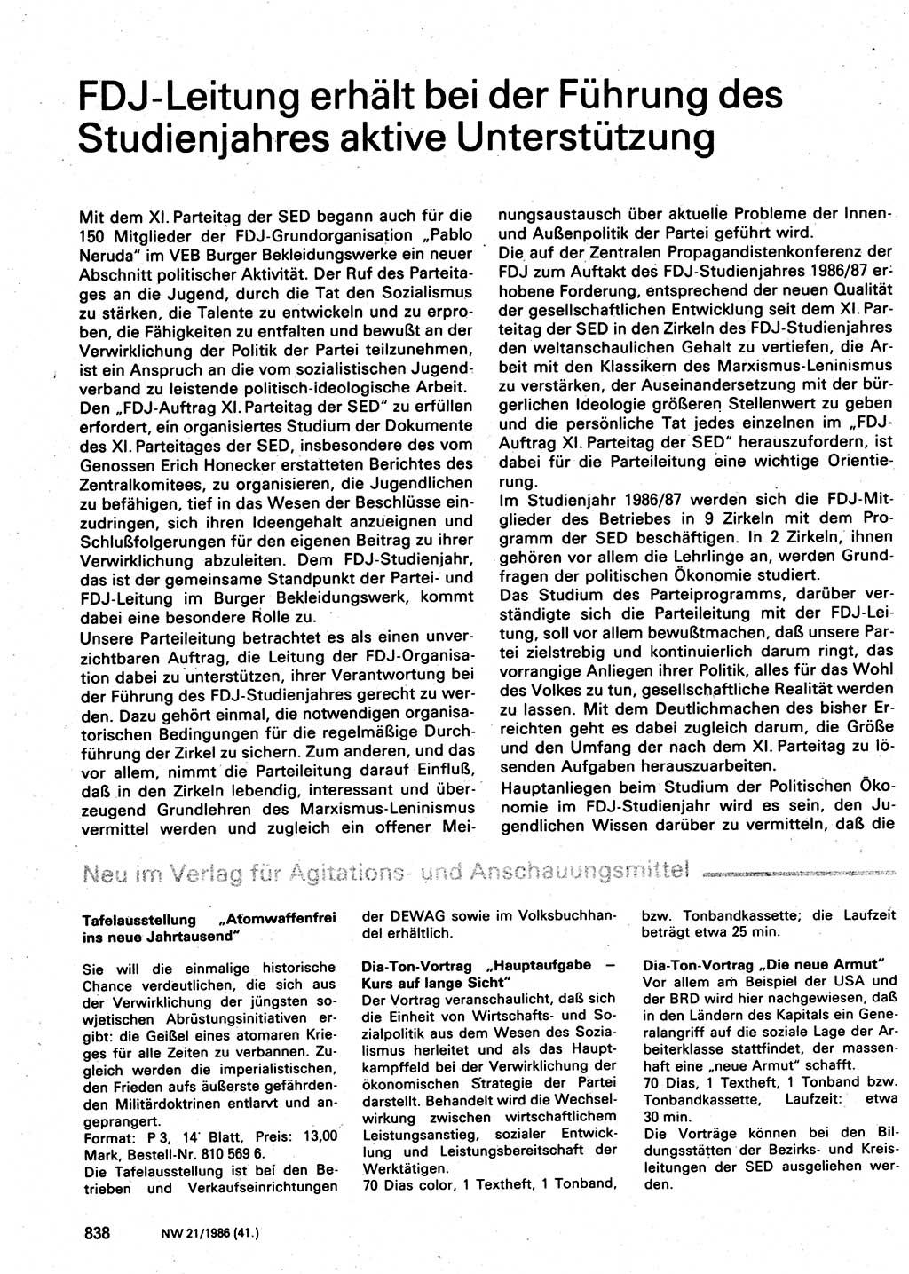 Neuer Weg (NW), Organ des Zentralkomitees (ZK) der SED (Sozialistische Einheitspartei Deutschlands) für Fragen des Parteilebens, 41. Jahrgang [Deutsche Demokratische Republik (DDR)] 1986, Seite 838 (NW ZK SED DDR 1986, S. 838)