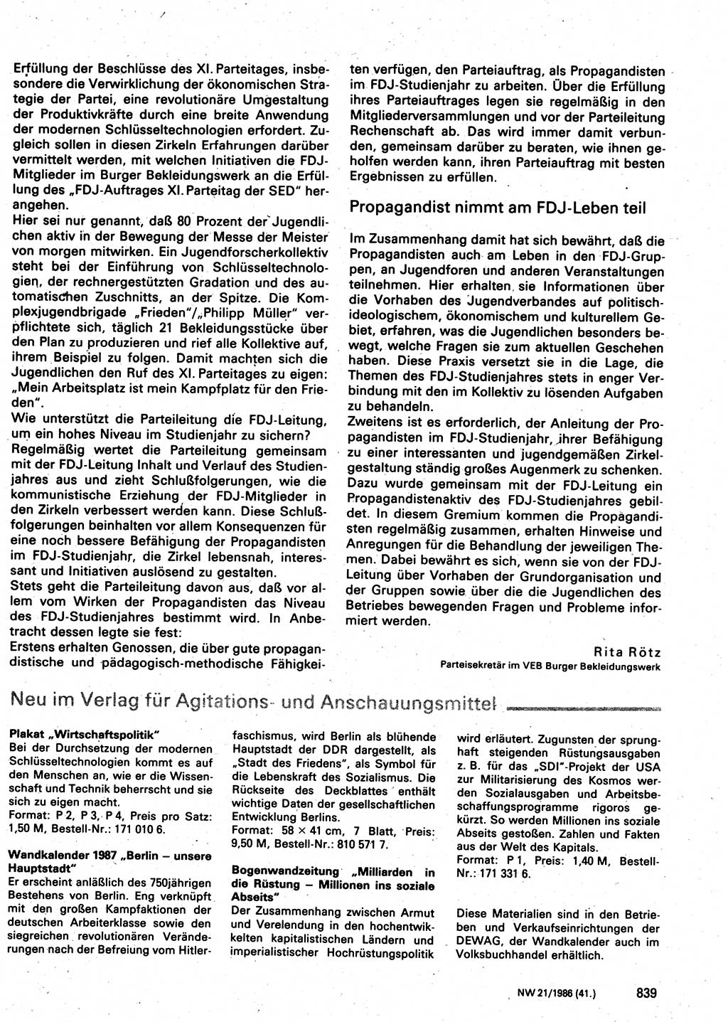 Neuer Weg (NW), Organ des Zentralkomitees (ZK) der SED (Sozialistische Einheitspartei Deutschlands) für Fragen des Parteilebens, 41. Jahrgang [Deutsche Demokratische Republik (DDR)] 1986, Seite 839 (NW ZK SED DDR 1986, S. 839)
