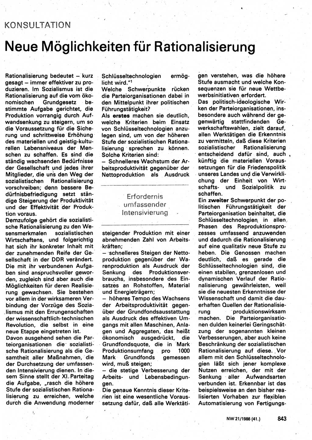 Neuer Weg (NW), Organ des Zentralkomitees (ZK) der SED (Sozialistische Einheitspartei Deutschlands) für Fragen des Parteilebens, 41. Jahrgang [Deutsche Demokratische Republik (DDR)] 1986, Seite 843 (NW ZK SED DDR 1986, S. 843)