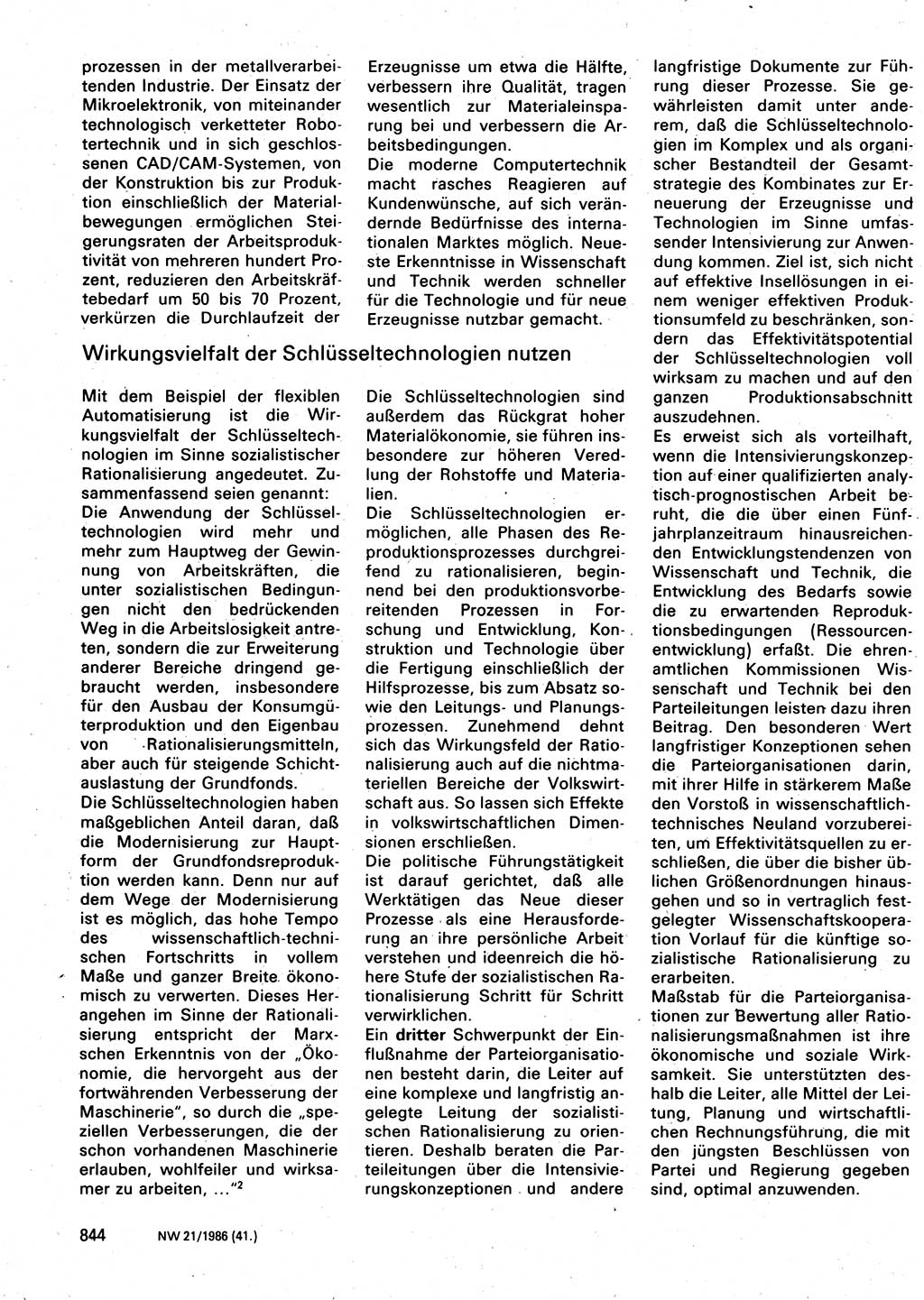 Neuer Weg (NW), Organ des Zentralkomitees (ZK) der SED (Sozialistische Einheitspartei Deutschlands) für Fragen des Parteilebens, 41. Jahrgang [Deutsche Demokratische Republik (DDR)] 1986, Seite 844 (NW ZK SED DDR 1986, S. 844)