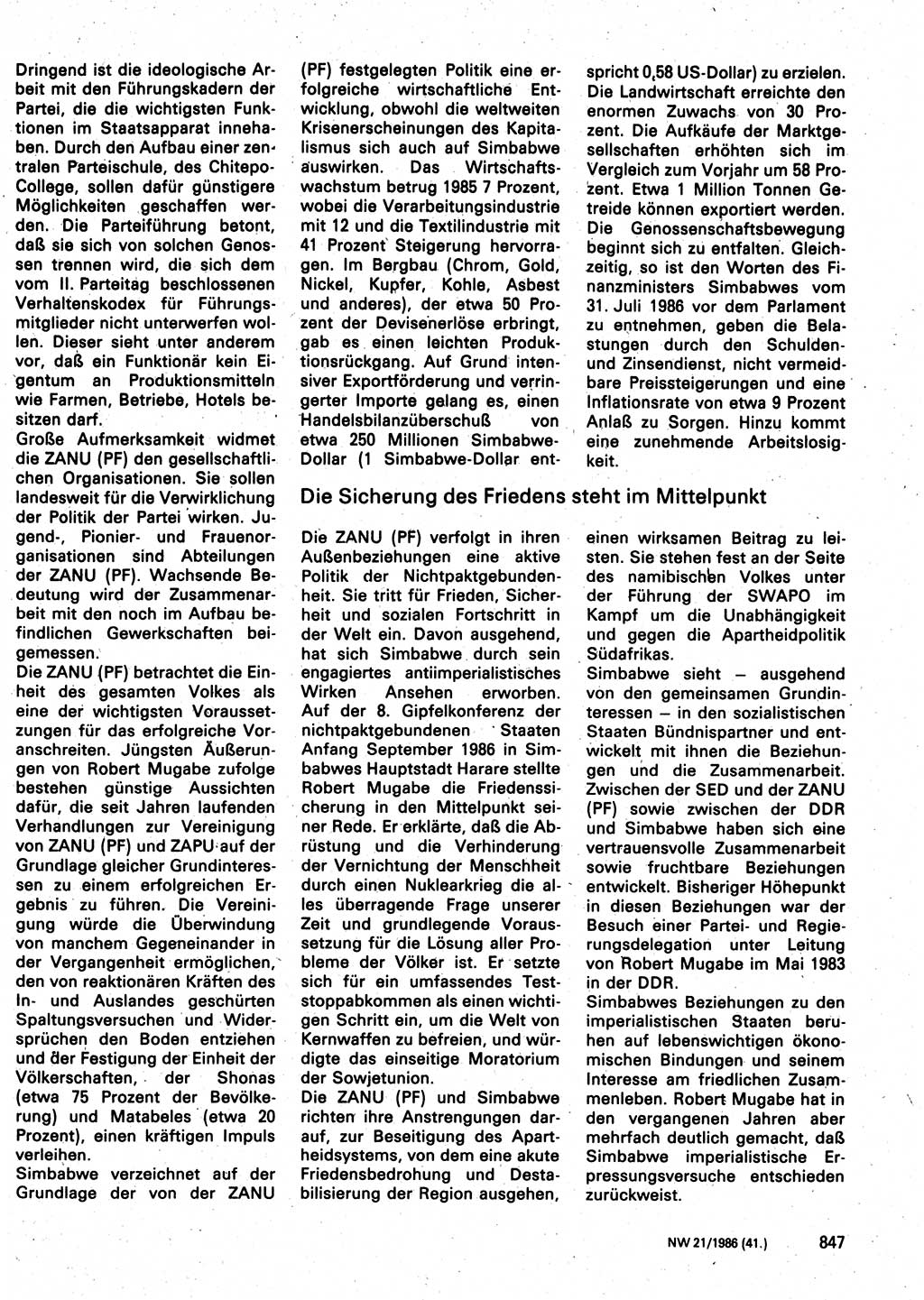 Neuer Weg (NW), Organ des Zentralkomitees (ZK) der SED (Sozialistische Einheitspartei Deutschlands) für Fragen des Parteilebens, 41. Jahrgang [Deutsche Demokratische Republik (DDR)] 1986, Seite 847 (NW ZK SED DDR 1986, S. 847)