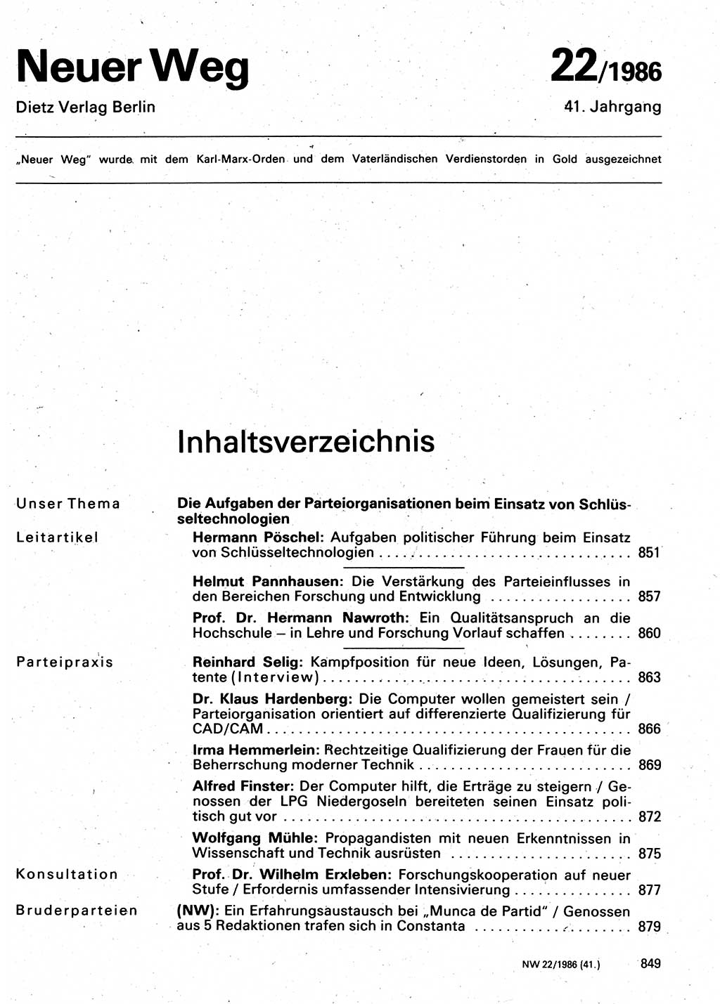 Neuer Weg (NW), Organ des Zentralkomitees (ZK) der SED (Sozialistische Einheitspartei Deutschlands) für Fragen des Parteilebens, 41. Jahrgang [Deutsche Demokratische Republik (DDR)] 1986, Seite 849 (NW ZK SED DDR 1986, S. 849)