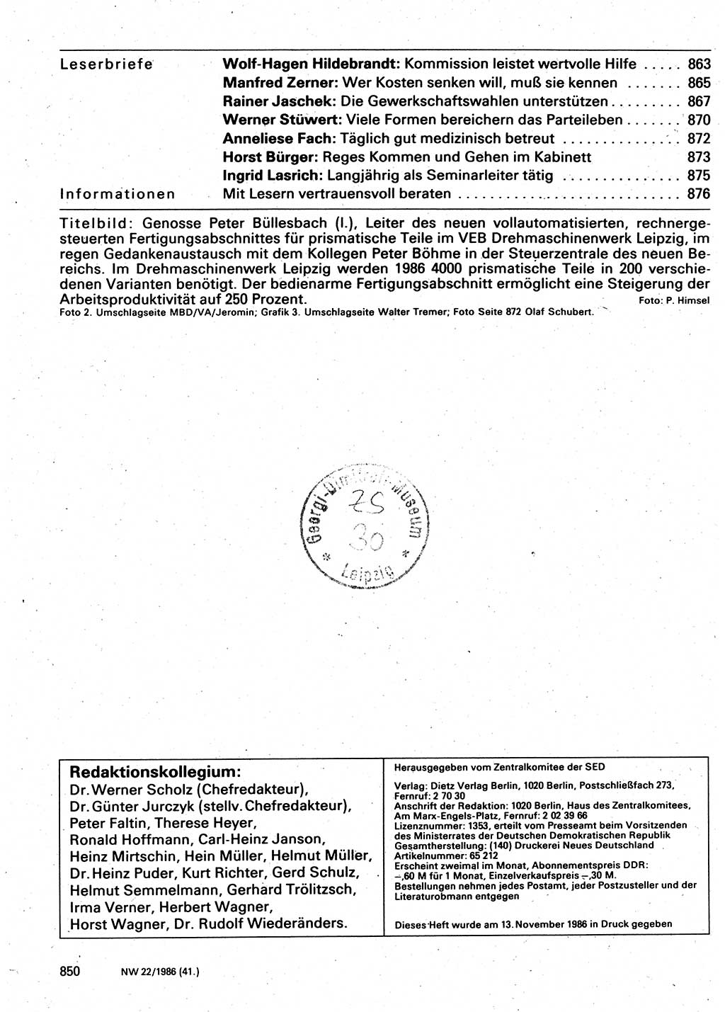 Neuer Weg (NW), Organ des Zentralkomitees (ZK) der SED (Sozialistische Einheitspartei Deutschlands) für Fragen des Parteilebens, 41. Jahrgang [Deutsche Demokratische Republik (DDR)] 1986, Seite 850 (NW ZK SED DDR 1986, S. 850)