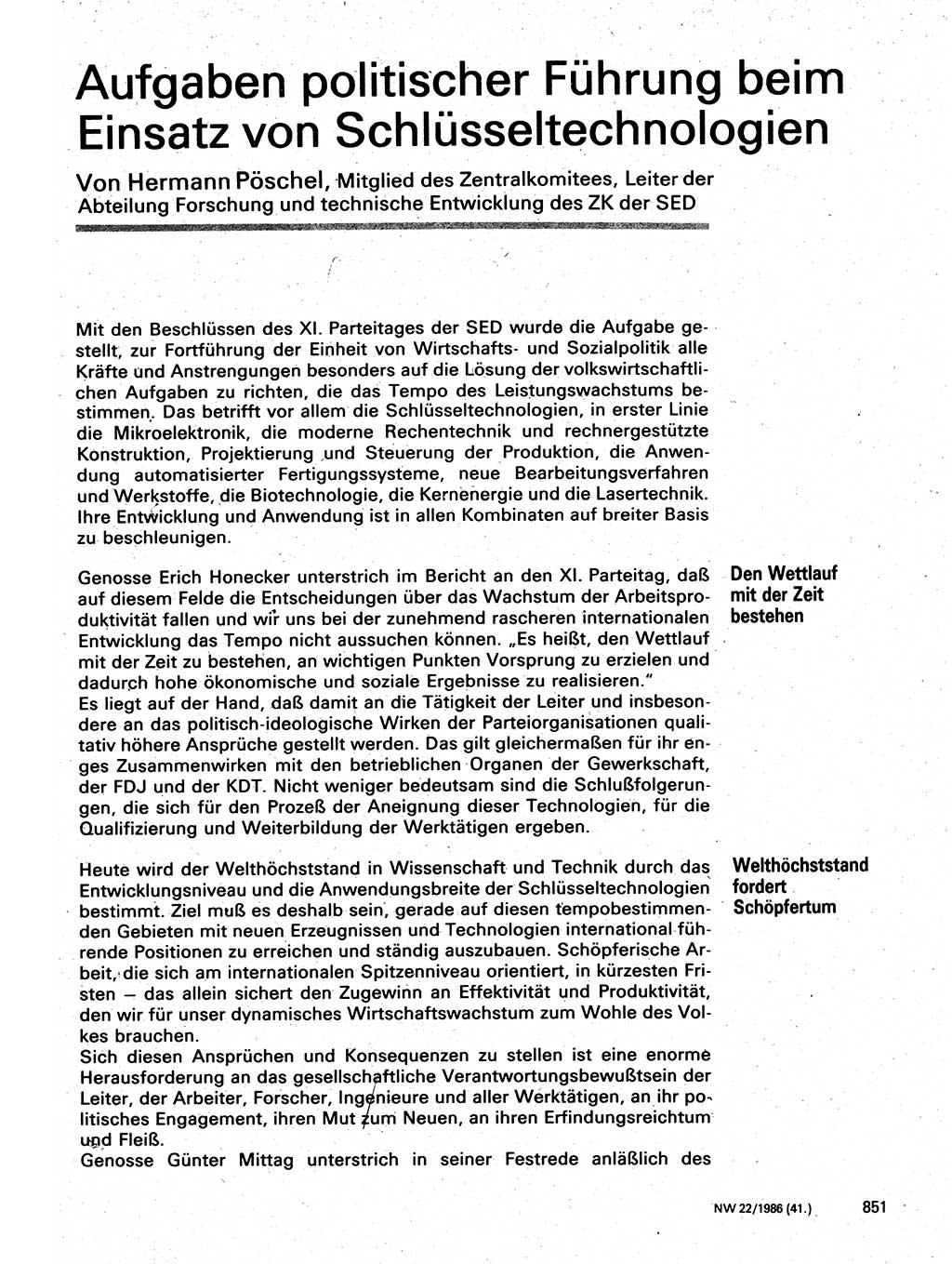 Neuer Weg (NW), Organ des Zentralkomitees (ZK) der SED (Sozialistische Einheitspartei Deutschlands) für Fragen des Parteilebens, 41. Jahrgang [Deutsche Demokratische Republik (DDR)] 1986, Seite 851 (NW ZK SED DDR 1986, S. 851)