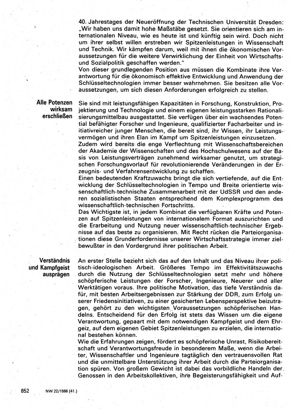 Neuer Weg (NW), Organ des Zentralkomitees (ZK) der SED (Sozialistische Einheitspartei Deutschlands) für Fragen des Parteilebens, 41. Jahrgang [Deutsche Demokratische Republik (DDR)] 1986, Seite 852 (NW ZK SED DDR 1986, S. 852)