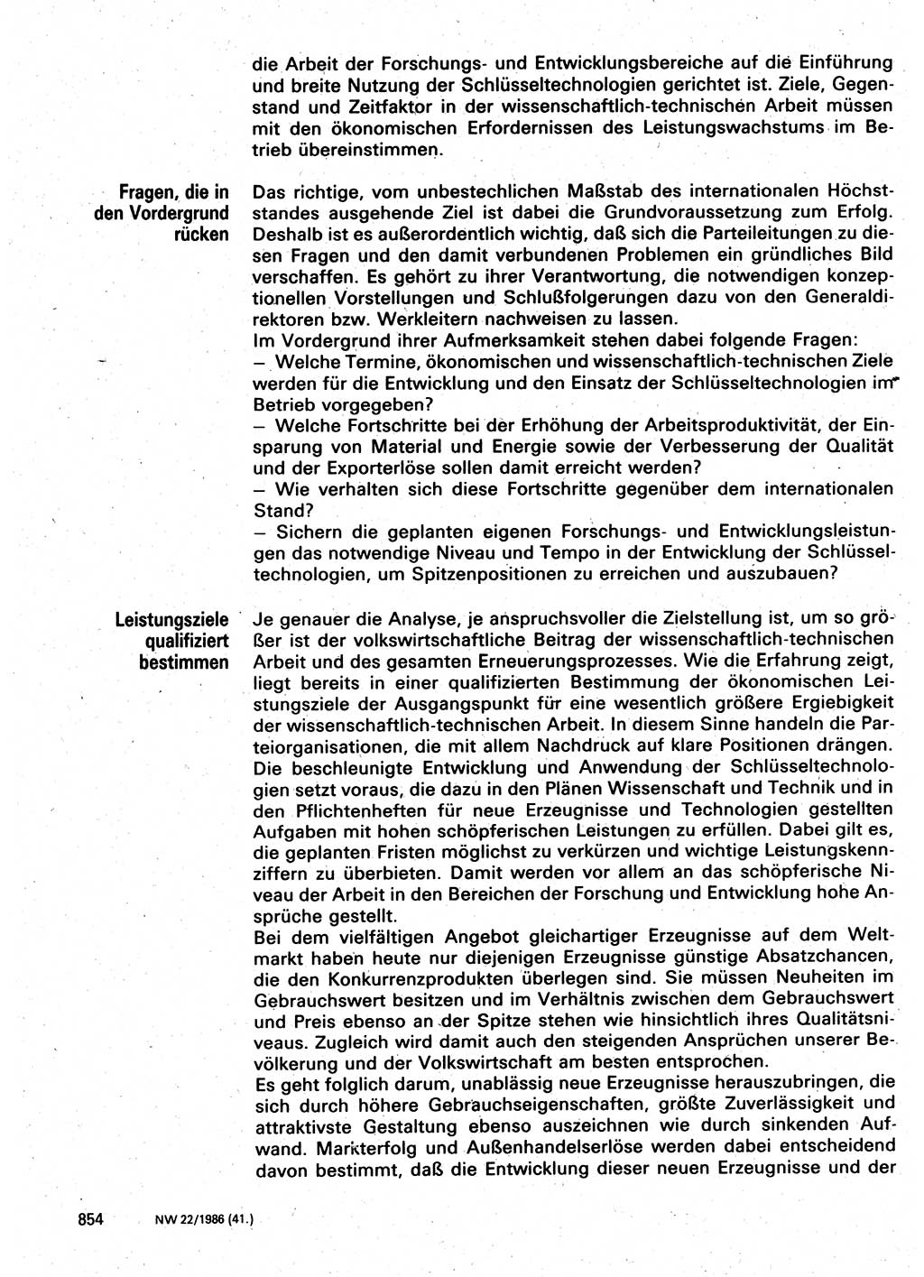 Neuer Weg (NW), Organ des Zentralkomitees (ZK) der SED (Sozialistische Einheitspartei Deutschlands) für Fragen des Parteilebens, 41. Jahrgang [Deutsche Demokratische Republik (DDR)] 1986, Seite 854 (NW ZK SED DDR 1986, S. 854)