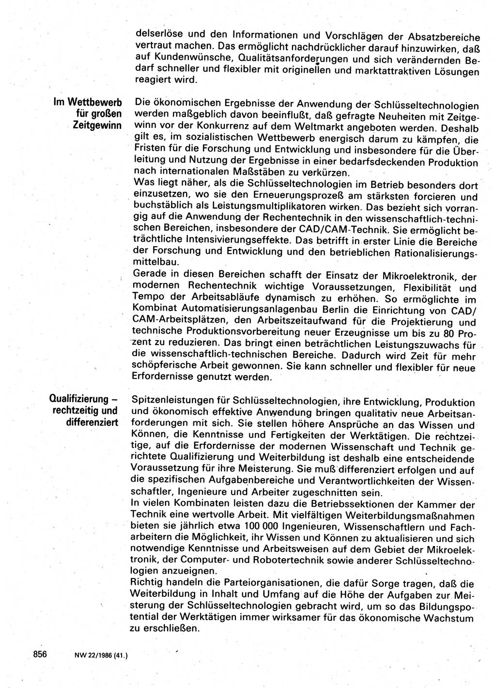 Neuer Weg (NW), Organ des Zentralkomitees (ZK) der SED (Sozialistische Einheitspartei Deutschlands) für Fragen des Parteilebens, 41. Jahrgang [Deutsche Demokratische Republik (DDR)] 1986, Seite 856 (NW ZK SED DDR 1986, S. 856)