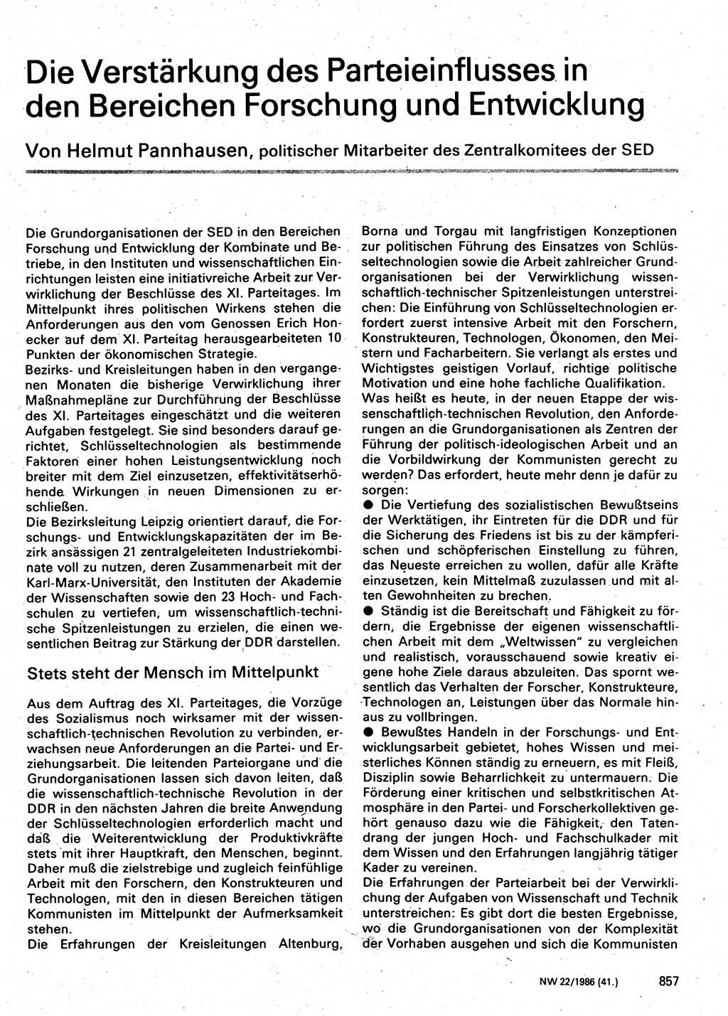 Neuer Weg (NW), Organ des Zentralkomitees (ZK) der SED (Sozialistische Einheitspartei Deutschlands) für Fragen des Parteilebens, 41. Jahrgang [Deutsche Demokratische Republik (DDR)] 1986, Seite 857 (NW ZK SED DDR 1986, S. 857)