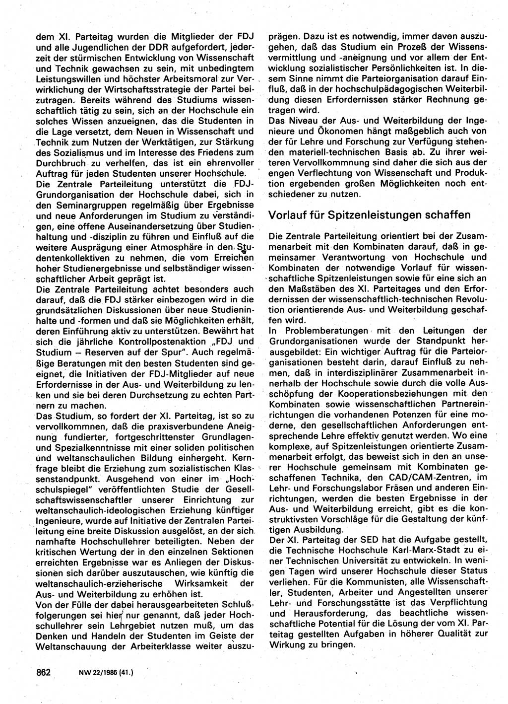 Neuer Weg (NW), Organ des Zentralkomitees (ZK) der SED (Sozialistische Einheitspartei Deutschlands) für Fragen des Parteilebens, 41. Jahrgang [Deutsche Demokratische Republik (DDR)] 1986, Seite 862 (NW ZK SED DDR 1986, S. 862)