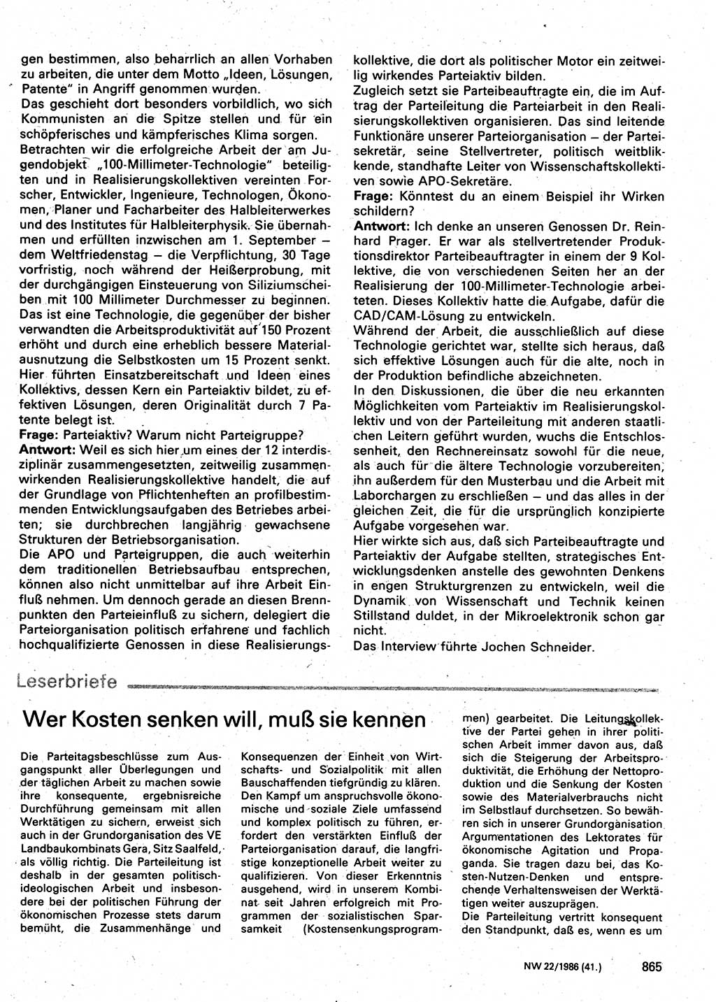 Neuer Weg (NW), Organ des Zentralkomitees (ZK) der SED (Sozialistische Einheitspartei Deutschlands) für Fragen des Parteilebens, 41. Jahrgang [Deutsche Demokratische Republik (DDR)] 1986, Seite 865 (NW ZK SED DDR 1986, S. 865)