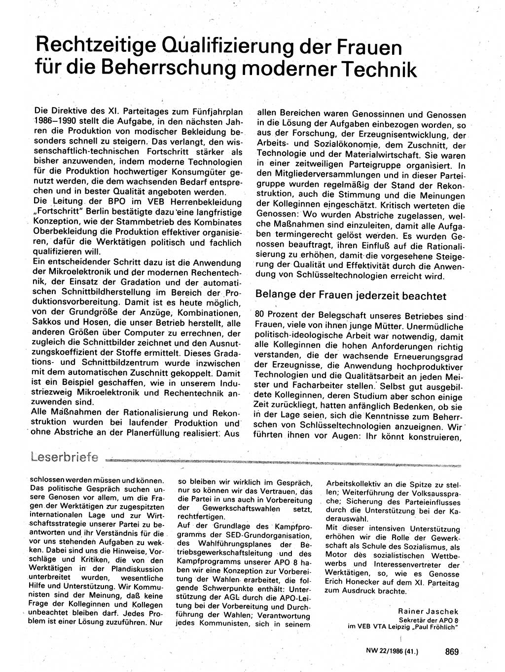 Neuer Weg (NW), Organ des Zentralkomitees (ZK) der SED (Sozialistische Einheitspartei Deutschlands) für Fragen des Parteilebens, 41. Jahrgang [Deutsche Demokratische Republik (DDR)] 1986, Seite 869 (NW ZK SED DDR 1986, S. 869)