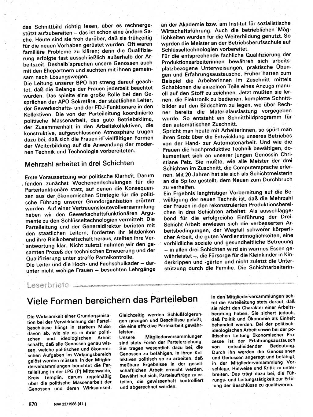Neuer Weg (NW), Organ des Zentralkomitees (ZK) der SED (Sozialistische Einheitspartei Deutschlands) für Fragen des Parteilebens, 41. Jahrgang [Deutsche Demokratische Republik (DDR)] 1986, Seite 870 (NW ZK SED DDR 1986, S. 870)