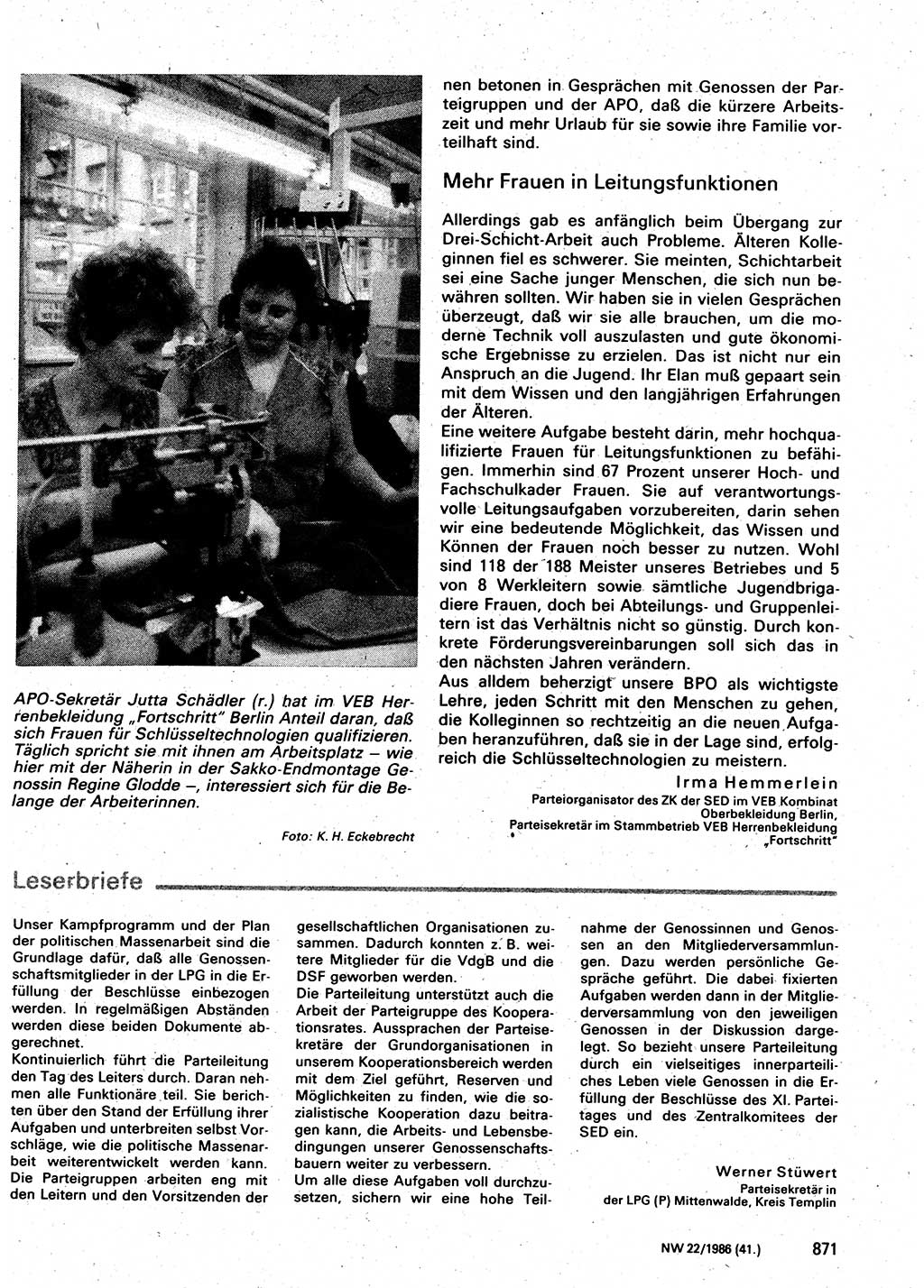 Neuer Weg (NW), Organ des Zentralkomitees (ZK) der SED (Sozialistische Einheitspartei Deutschlands) für Fragen des Parteilebens, 41. Jahrgang [Deutsche Demokratische Republik (DDR)] 1986, Seite 871 (NW ZK SED DDR 1986, S. 871)