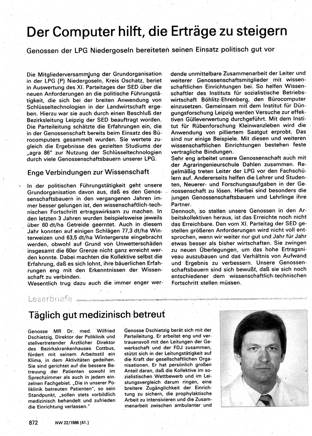 Neuer Weg (NW), Organ des Zentralkomitees (ZK) der SED (Sozialistische Einheitspartei Deutschlands) für Fragen des Parteilebens, 41. Jahrgang [Deutsche Demokratische Republik (DDR)] 1986, Seite 872 (NW ZK SED DDR 1986, S. 872)