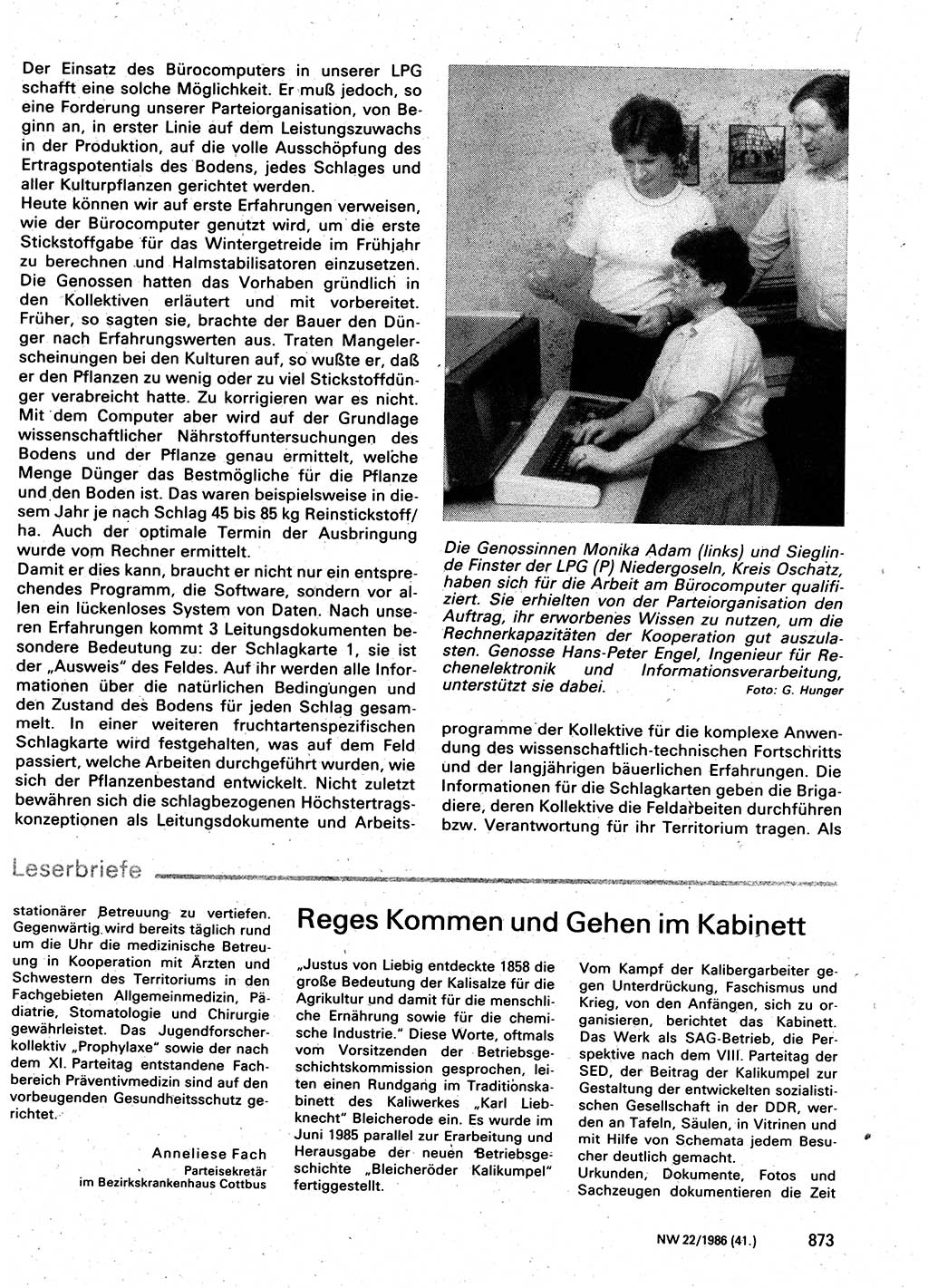 Neuer Weg (NW), Organ des Zentralkomitees (ZK) der SED (Sozialistische Einheitspartei Deutschlands) für Fragen des Parteilebens, 41. Jahrgang [Deutsche Demokratische Republik (DDR)] 1986, Seite 873 (NW ZK SED DDR 1986, S. 873)