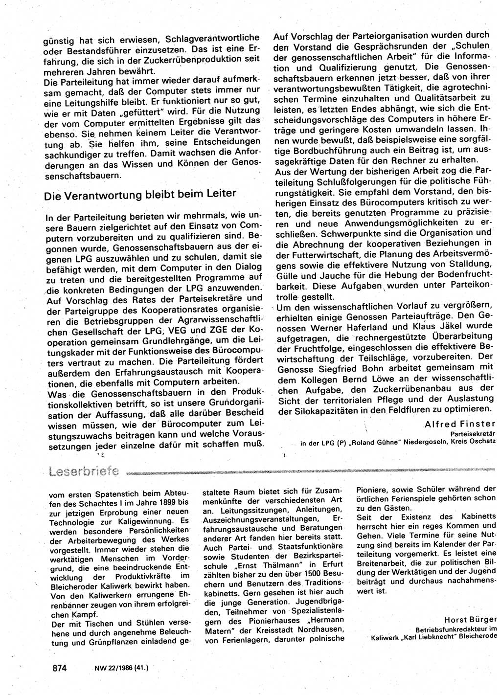 Neuer Weg (NW), Organ des Zentralkomitees (ZK) der SED (Sozialistische Einheitspartei Deutschlands) für Fragen des Parteilebens, 41. Jahrgang [Deutsche Demokratische Republik (DDR)] 1986, Seite 874 (NW ZK SED DDR 1986, S. 874)