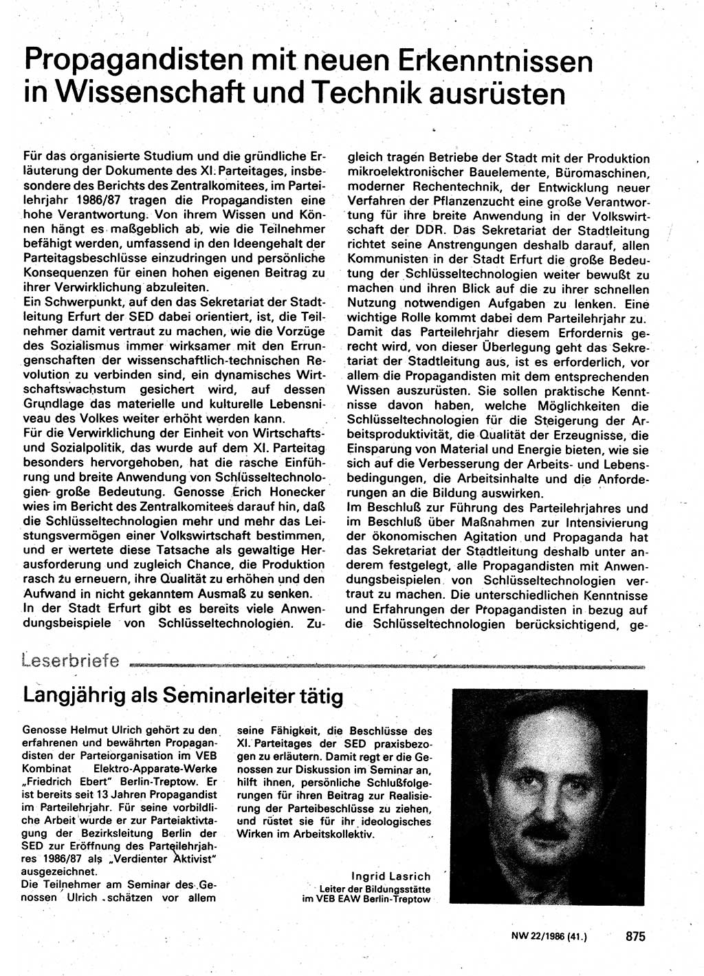 Neuer Weg (NW), Organ des Zentralkomitees (ZK) der SED (Sozialistische Einheitspartei Deutschlands) für Fragen des Parteilebens, 41. Jahrgang [Deutsche Demokratische Republik (DDR)] 1986, Seite 875 (NW ZK SED DDR 1986, S. 875)