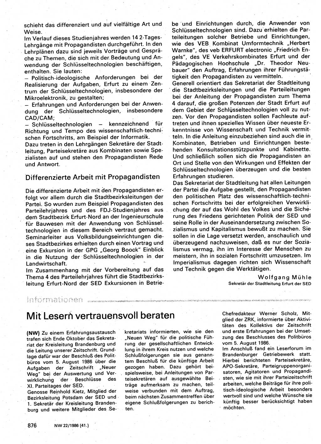 Neuer Weg (NW), Organ des Zentralkomitees (ZK) der SED (Sozialistische Einheitspartei Deutschlands) für Fragen des Parteilebens, 41. Jahrgang [Deutsche Demokratische Republik (DDR)] 1986, Seite 876 (NW ZK SED DDR 1986, S. 876)