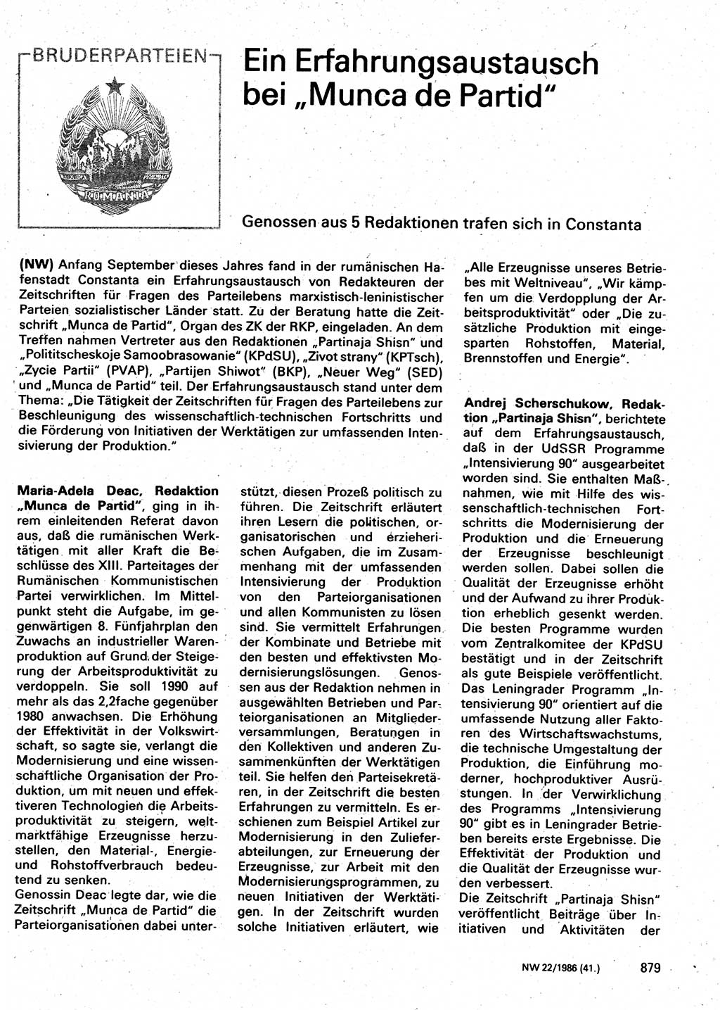 Neuer Weg (NW), Organ des Zentralkomitees (ZK) der SED (Sozialistische Einheitspartei Deutschlands) für Fragen des Parteilebens, 41. Jahrgang [Deutsche Demokratische Republik (DDR)] 1986, Seite 879 (NW ZK SED DDR 1986, S. 879)