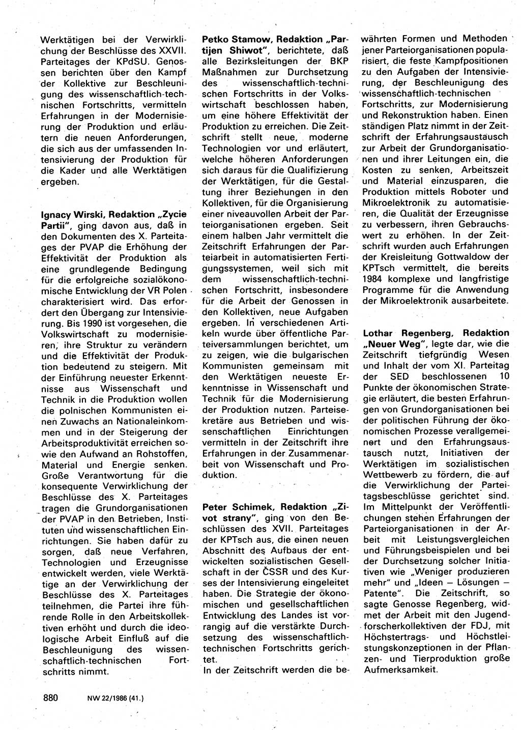 Neuer Weg (NW), Organ des Zentralkomitees (ZK) der SED (Sozialistische Einheitspartei Deutschlands) für Fragen des Parteilebens, 41. Jahrgang [Deutsche Demokratische Republik (DDR)] 1986, Seite 880 (NW ZK SED DDR 1986, S. 880)