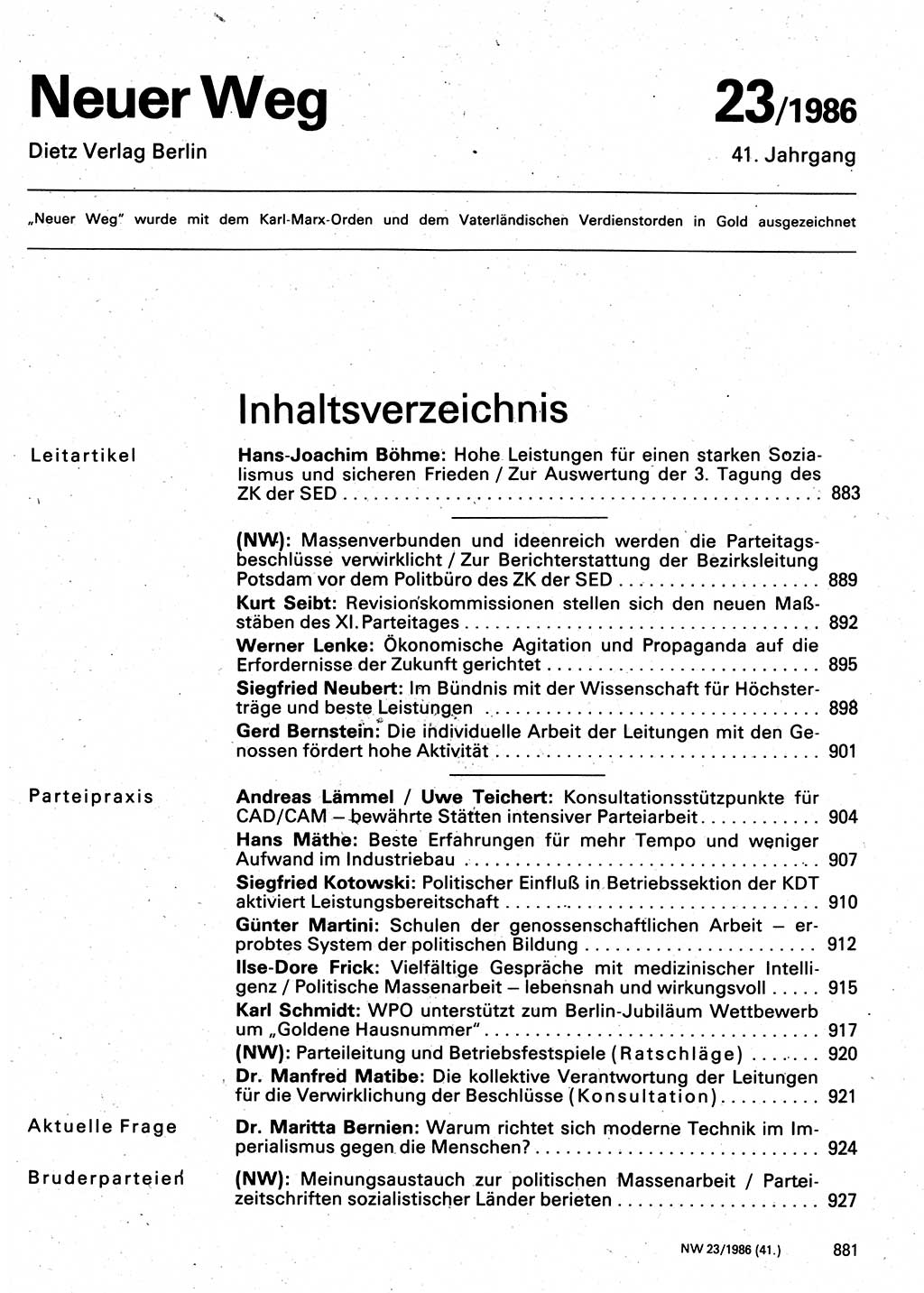 Neuer Weg (NW), Organ des Zentralkomitees (ZK) der SED (Sozialistische Einheitspartei Deutschlands) für Fragen des Parteilebens, 41. Jahrgang [Deutsche Demokratische Republik (DDR)] 1986, Seite 881 (NW ZK SED DDR 1986, S. 881)