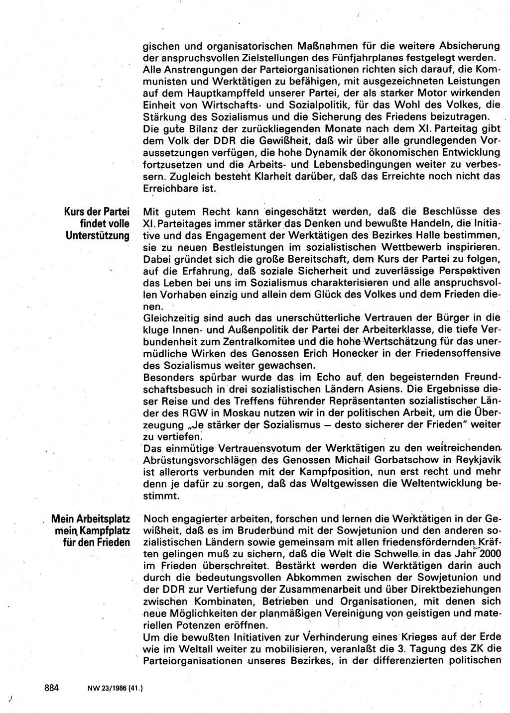 Neuer Weg (NW), Organ des Zentralkomitees (ZK) der SED (Sozialistische Einheitspartei Deutschlands) für Fragen des Parteilebens, 41. Jahrgang [Deutsche Demokratische Republik (DDR)] 1986, Seite 884 (NW ZK SED DDR 1986, S. 884)