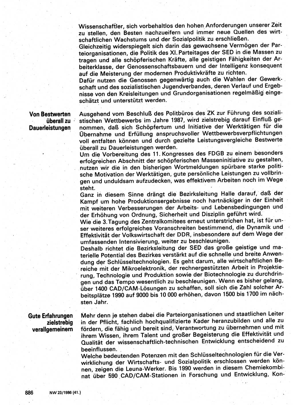 Neuer Weg (NW), Organ des Zentralkomitees (ZK) der SED (Sozialistische Einheitspartei Deutschlands) für Fragen des Parteilebens, 41. Jahrgang [Deutsche Demokratische Republik (DDR)] 1986, Seite 886 (NW ZK SED DDR 1986, S. 886)